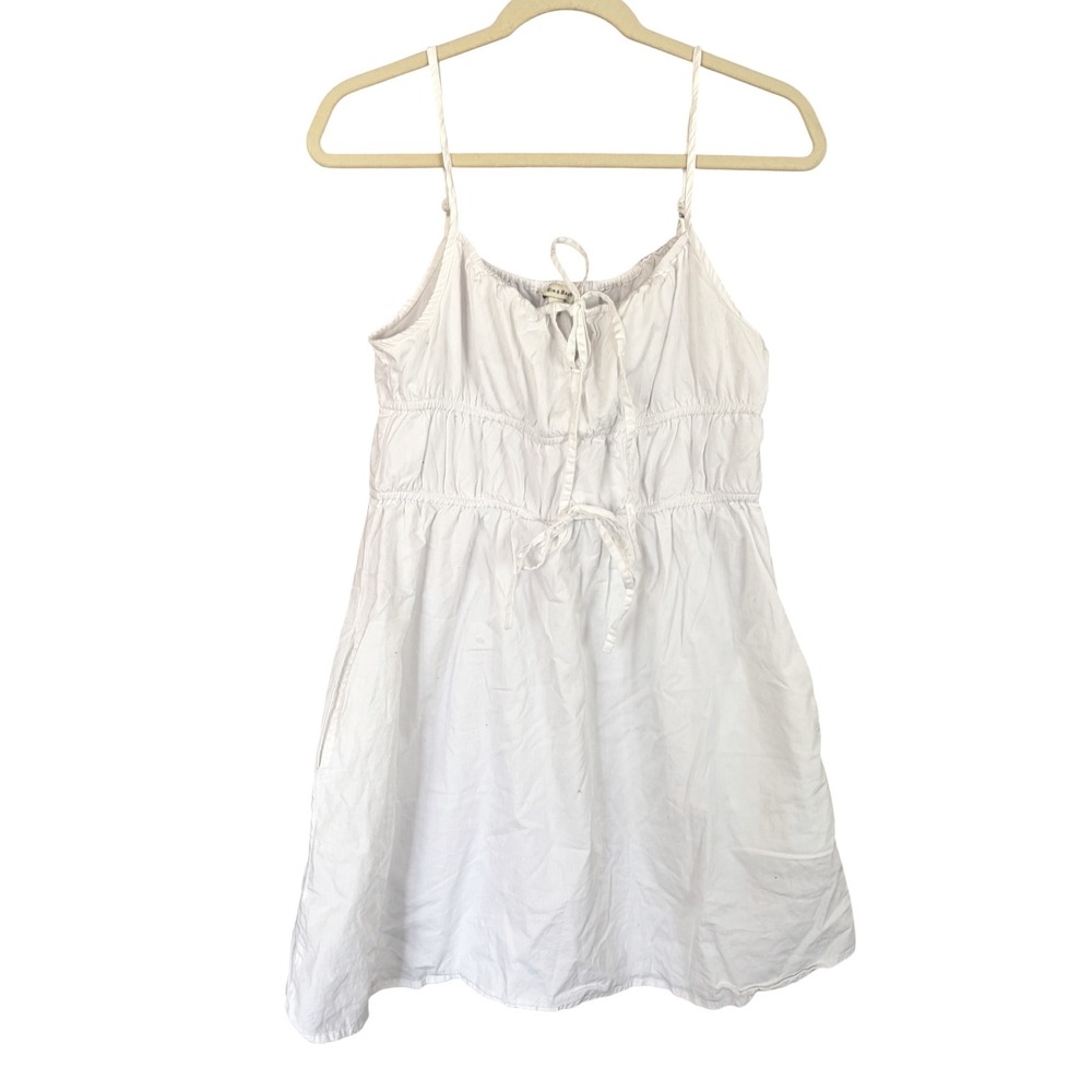 Sim & Sam Mini Dress White Cottagecore Smocked Tie Front Pockets Large